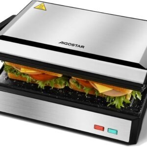 Aigostar Hett Pro - Grill de Contacto Multiusos | Para Sándwiches, Carne y Paninis | 1500W, Placas Antiadherentes Extraíbles | Apertura 180°, Bandeja de Jugos Desmontable